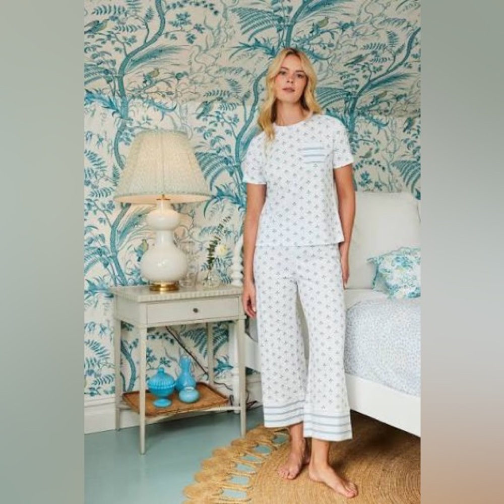 Lake | Pima Crew Wide Leg Pajama Set in Serene Blue Multi Blossom Large